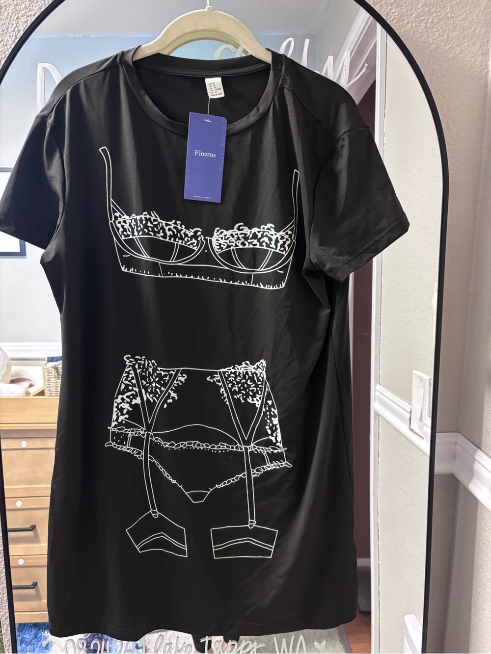 Floerns Black Bridal Graphic Lingerie Print Tee Dress